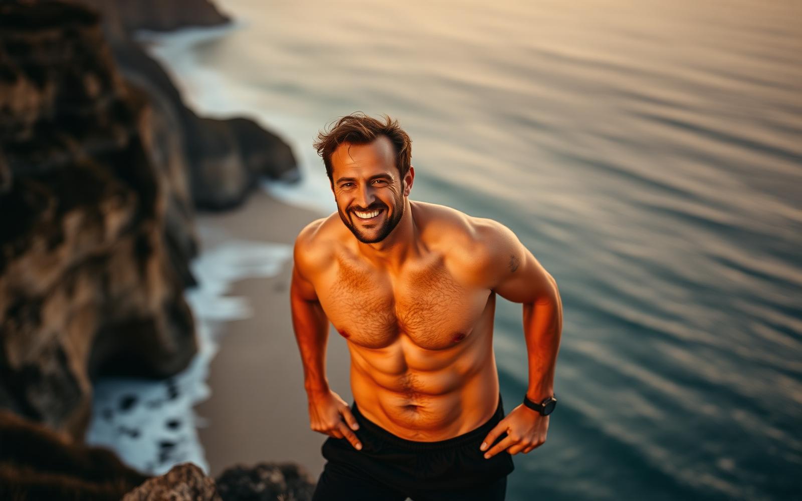 Australian man in his forties standing energised on a coastal cliff at sunrise