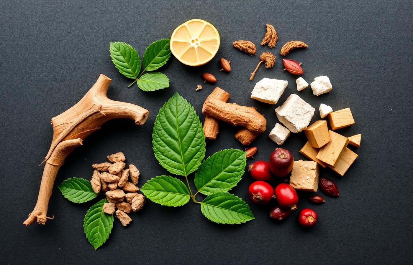 Herbal supplement ingredients including maca root, ginseng and berries laid out on dark slate